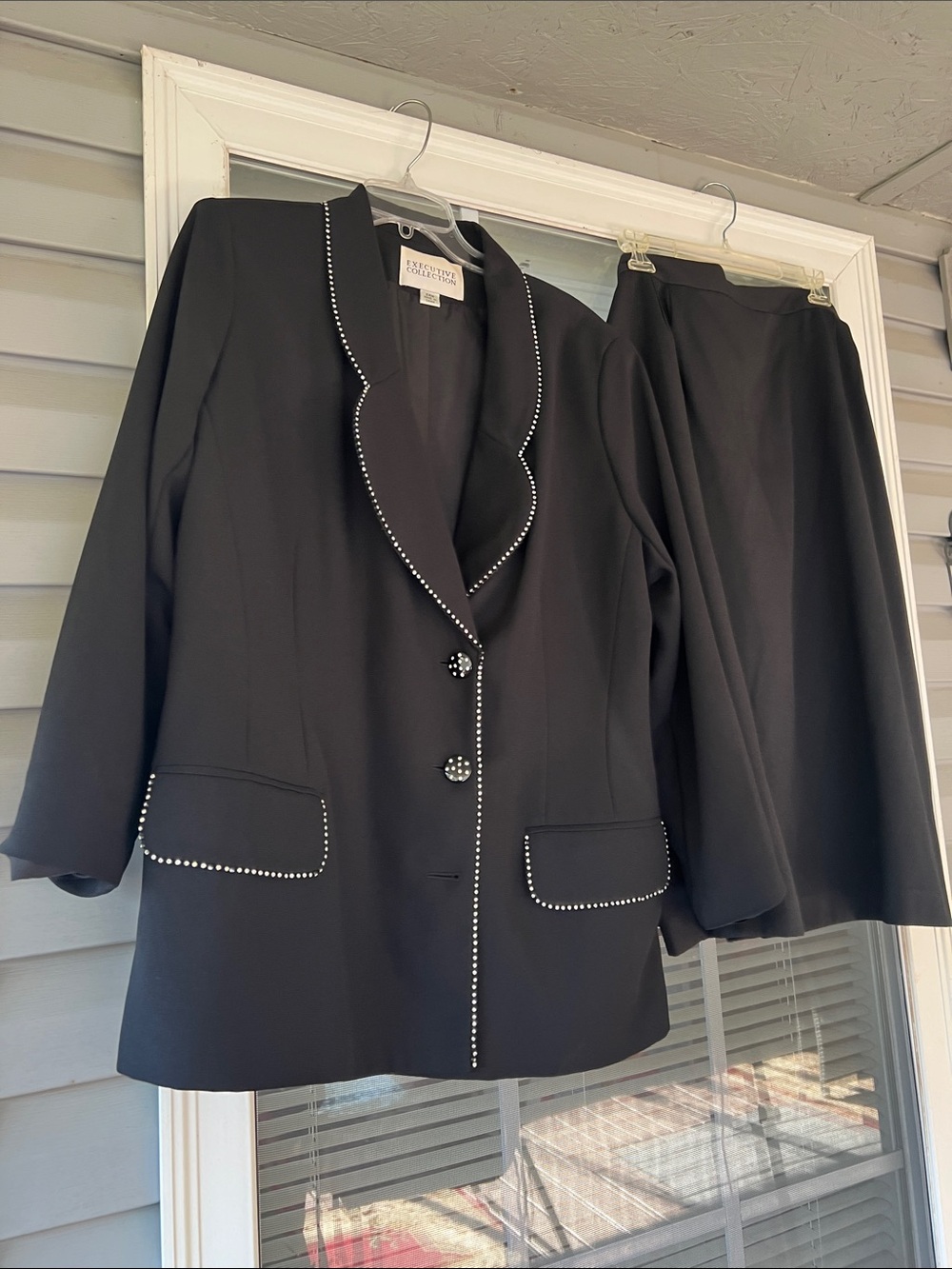Kasper Black Rhinestone-Trim Blazer and Skirt Set